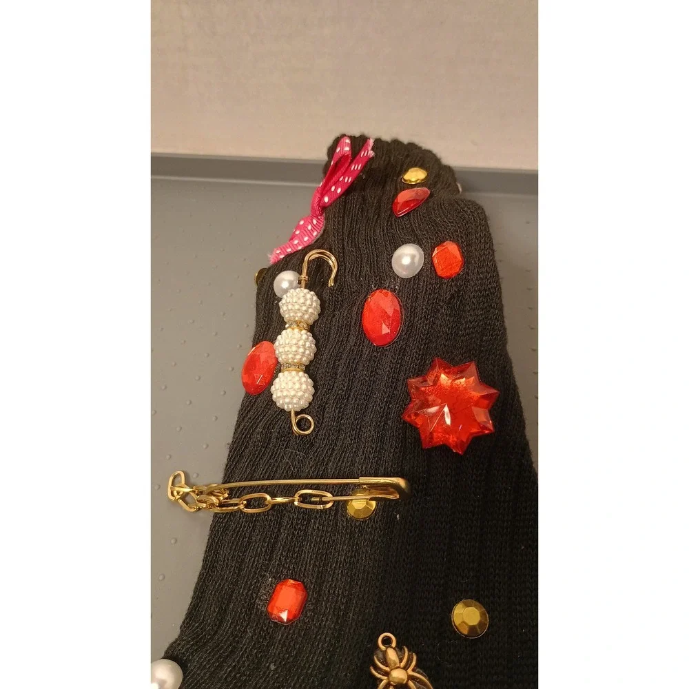 Embellished Crew Socks Womens OS Black Good DIY Kitsch Maximalist